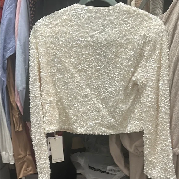 NWOT Commense Elegant Cream Textured Jacket with Black Bows - Picture 3 of 6